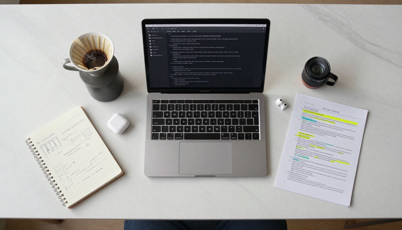 Aerial overhead flat-lay of a developer's complete workspace with MacBook, notebook, coffee, and documentation
