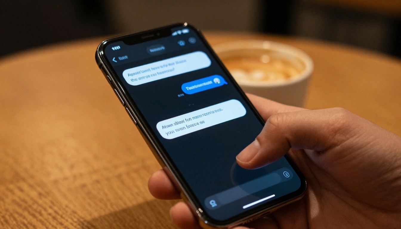 An AI chat interface on a smartphone in dark mode, warm café background with a blurred coffee cup in soft bokeh