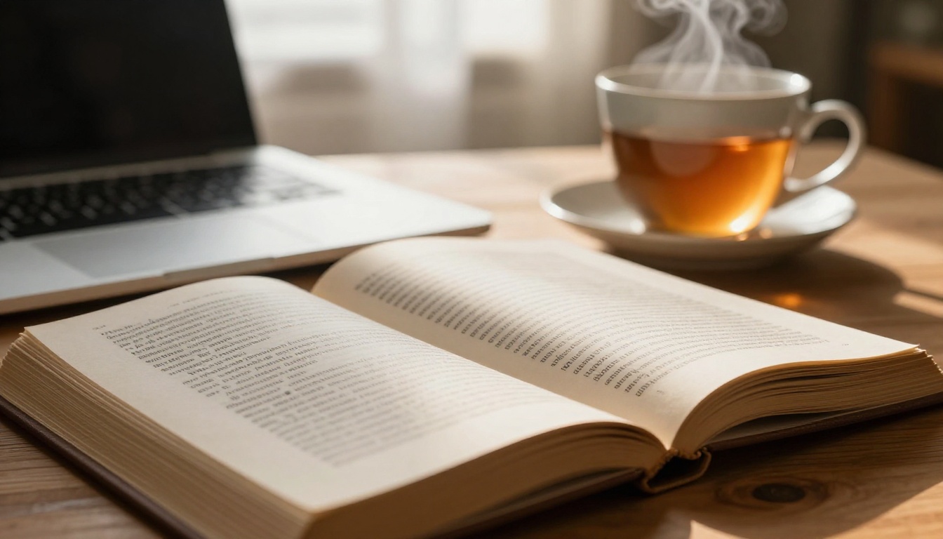 Open hardcover book with steam rising from tea mug in warm morning light on wooden desk