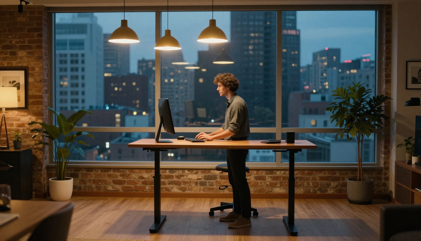 A writer at a standing desk with panoramic city skyline at dusk, warm interior lights contrasting with cool blue twilight outside