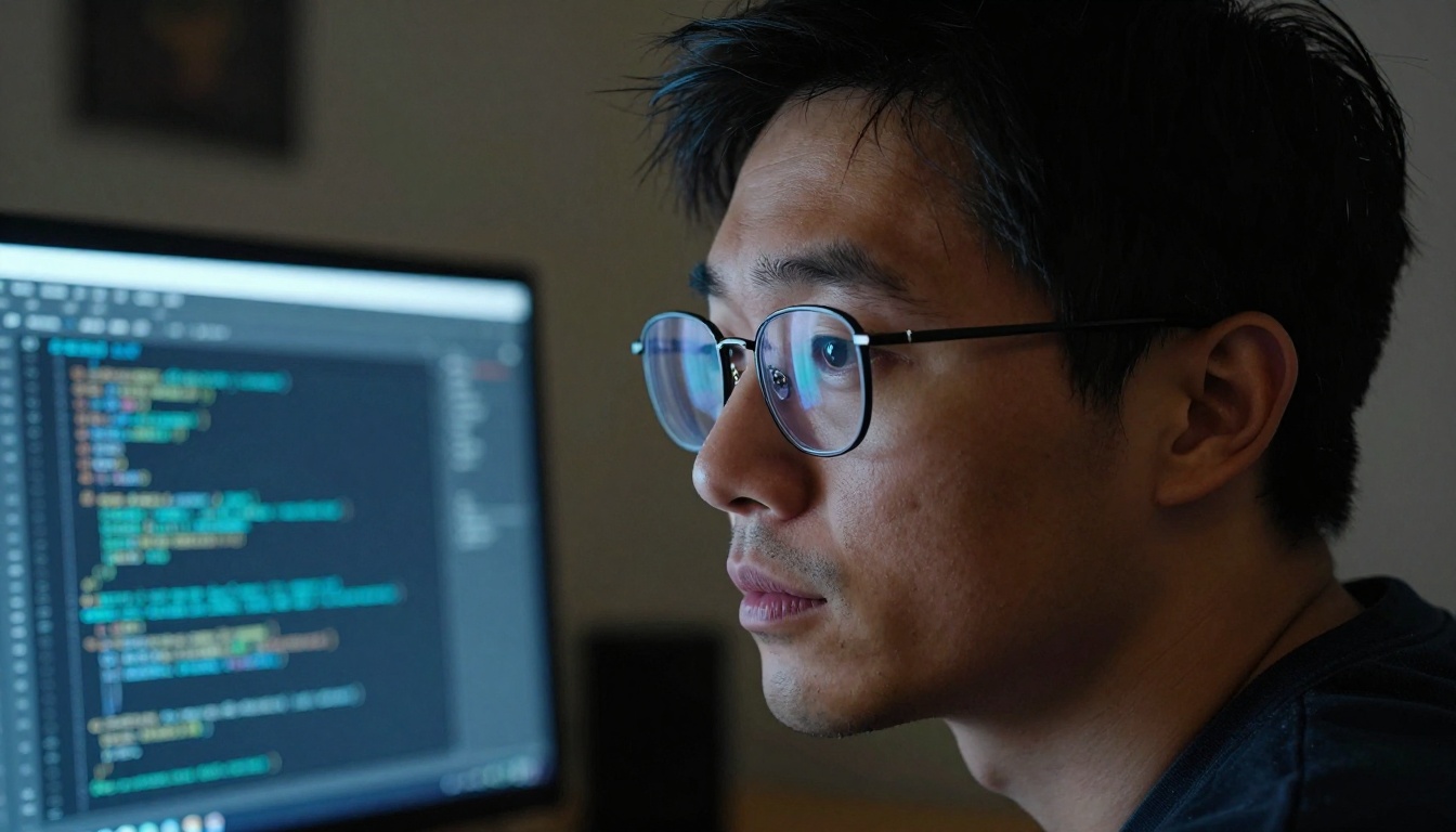 Close-up profile portrait of a developer with glasses showing a rectangular code reflection in the lenses