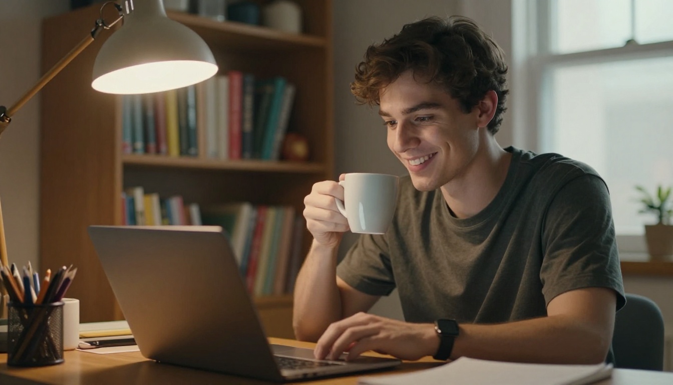 A young man with a relaxed smile looking at a laptop, cozy home office with warm pendant lamp light and bookshelves in soft bokeh behind him