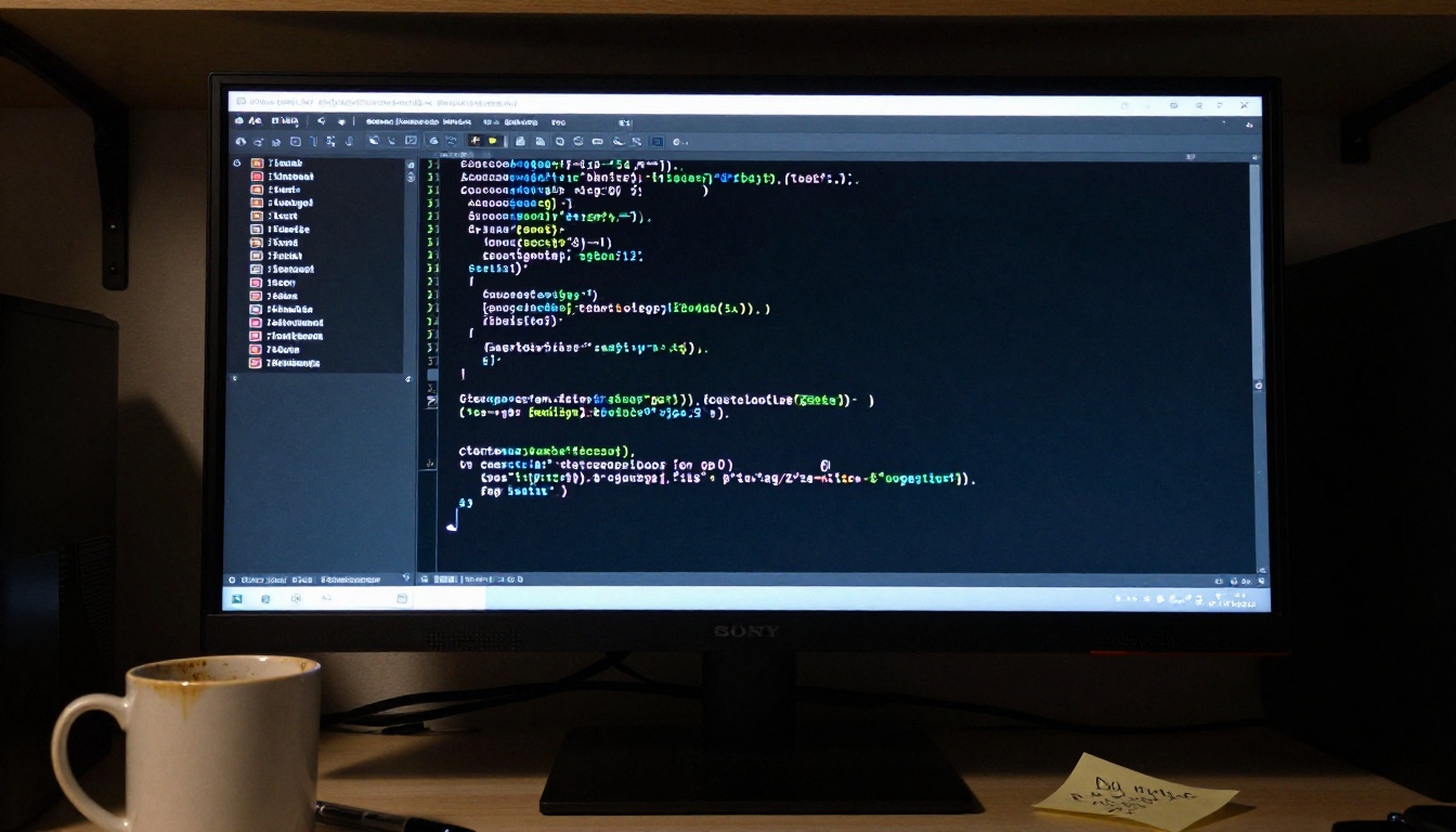 Low-angle view looking up at a large monitor displaying streaming terminal output with a blurred mug in the foreground