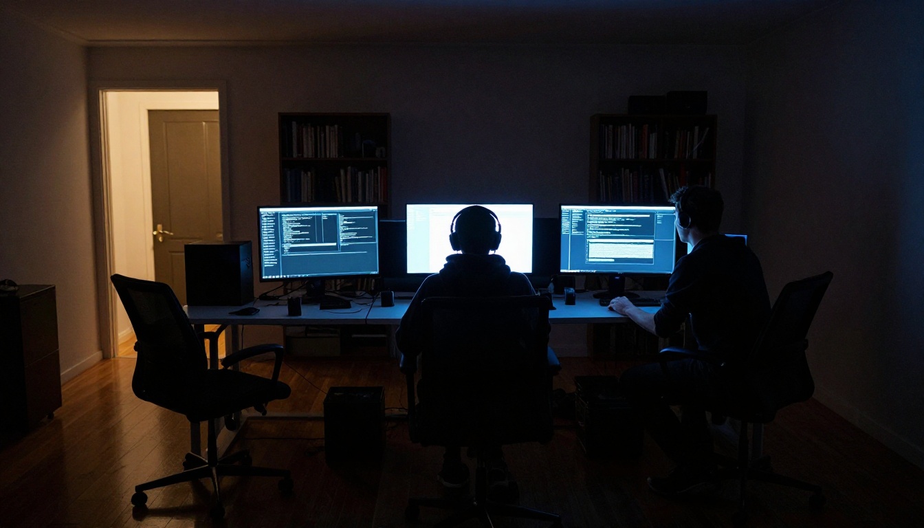 Night-time home office coding session with a developer silhouetted against three glowing monitors in a dark room