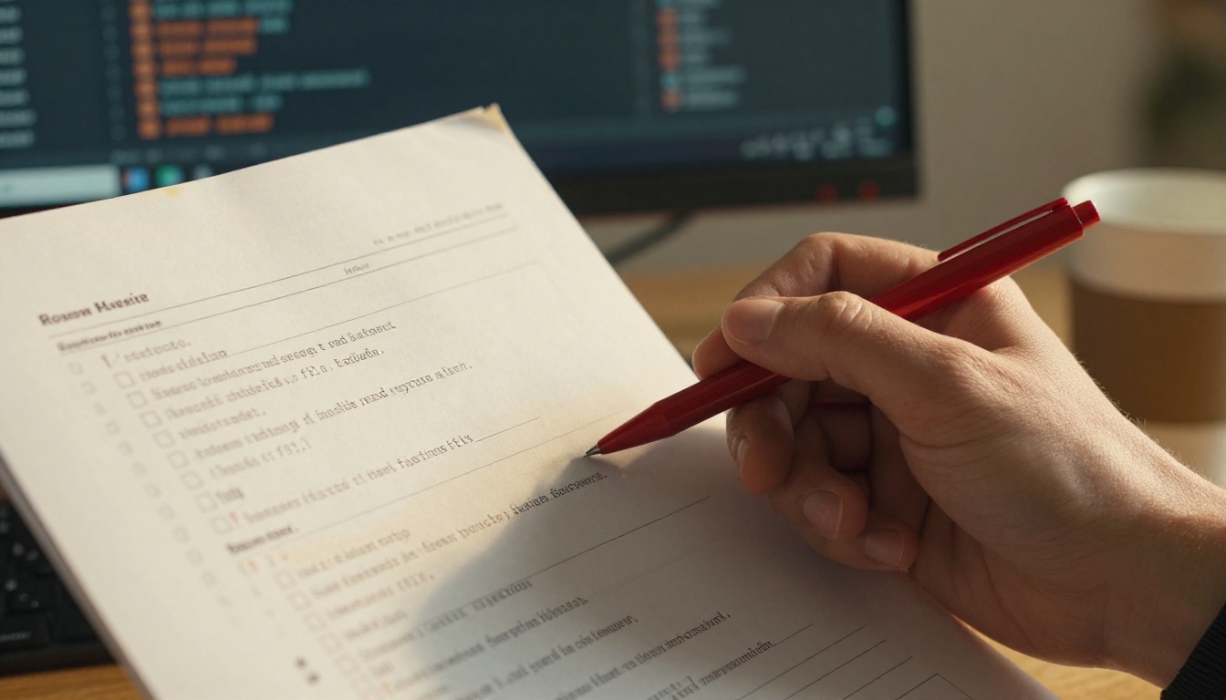 Developer's hand holding a printed code review checklist with red pen marks, IDE monitor softly blurred in background