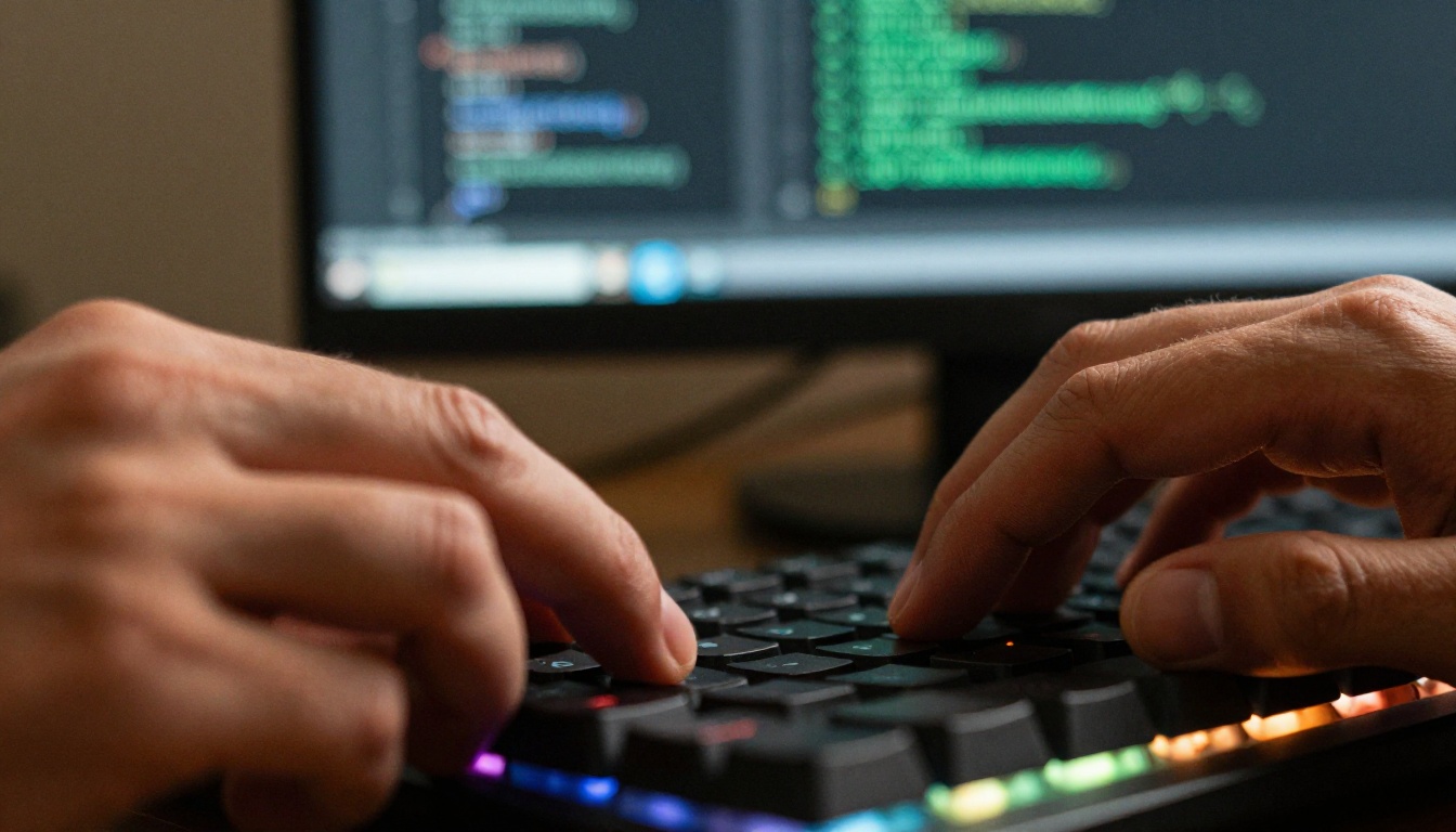 Close-up of developer's fingers on mechanical keyboard with AI code suggestion dropdown visible on blurred monitor behind