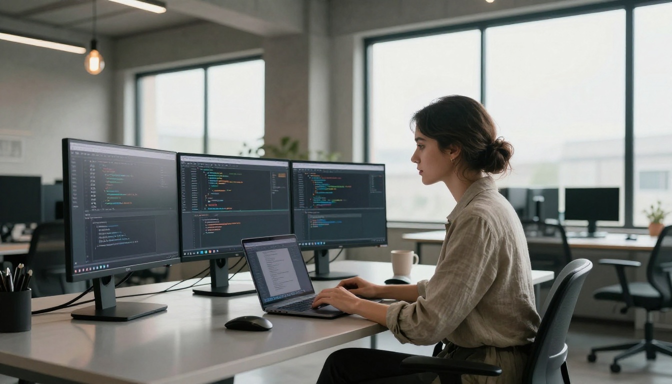 Female software engineer at L-shaped desk with dual monitors showing code editors in a modern co-working space