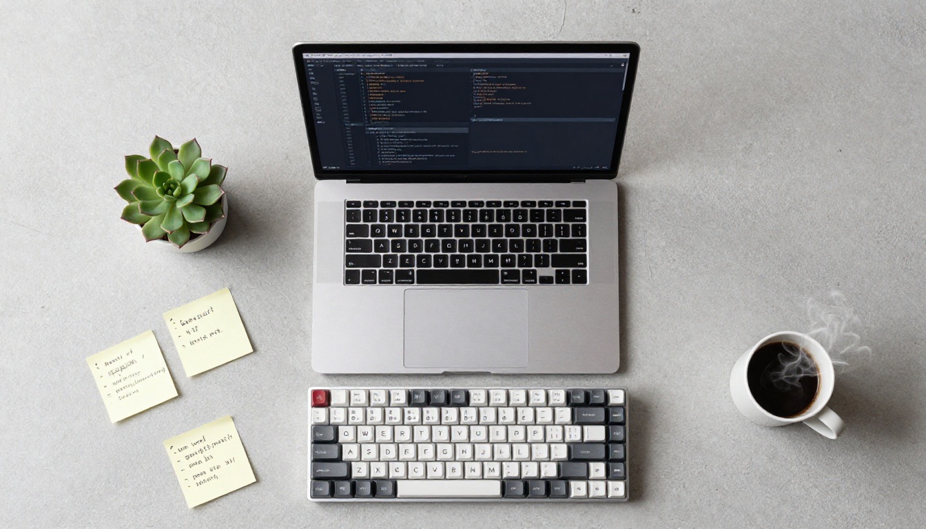 Aerial overhead flat-lay of minimalist developer desk with laptop, keyboard, coffee mug, and sticky notes on concrete surface