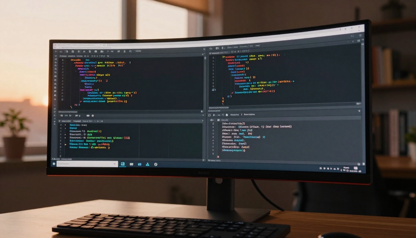 Low-angle shot from desk height looking up at large ultrawide monitor showing code editor comparison with warm sunset light from behind the screen