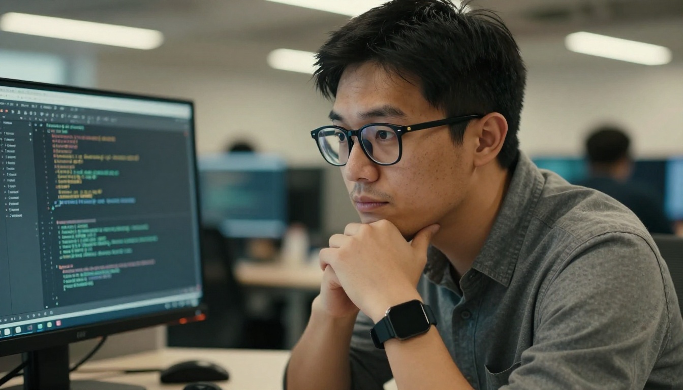 Focused male developer with glasses leaning forward toward dual monitors in thinking pose, open-plan tech office background slightly blurred