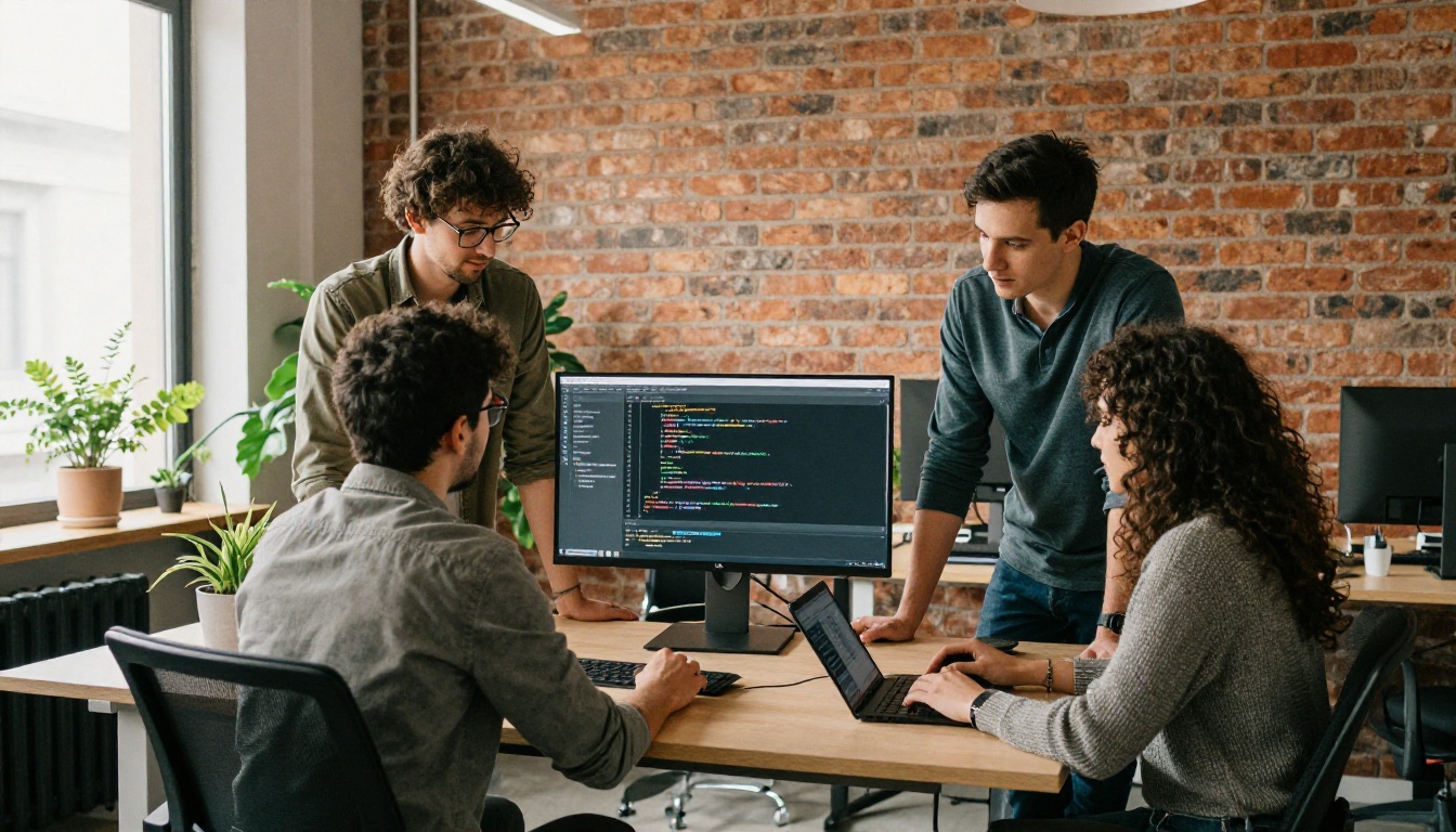 Small team of three diverse developers collaborating around a standing desk with a central ultrawide monitor showing code in a casual modern office