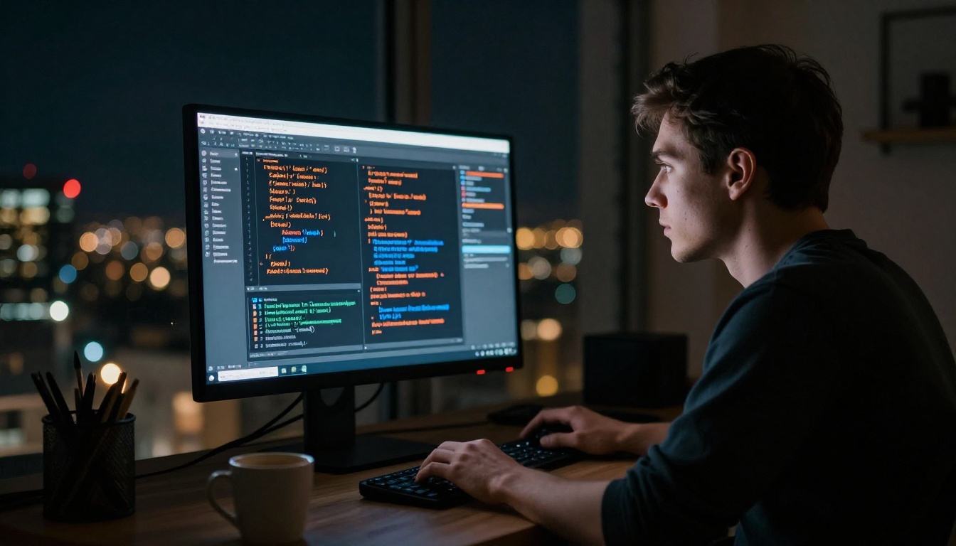Solitary developer working late in a dark apartment, profile illuminated only by monitor glow, city lights blurred through floor-to-ceiling windows behind