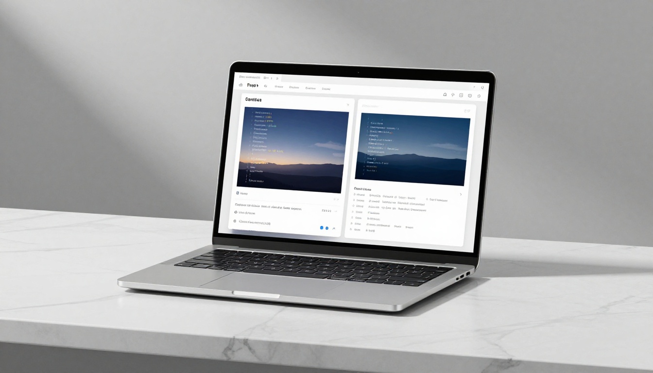 Sleek thin laptop open on white marble desk showing split-view comparison of two code editor interfaces, clean even studio lighting