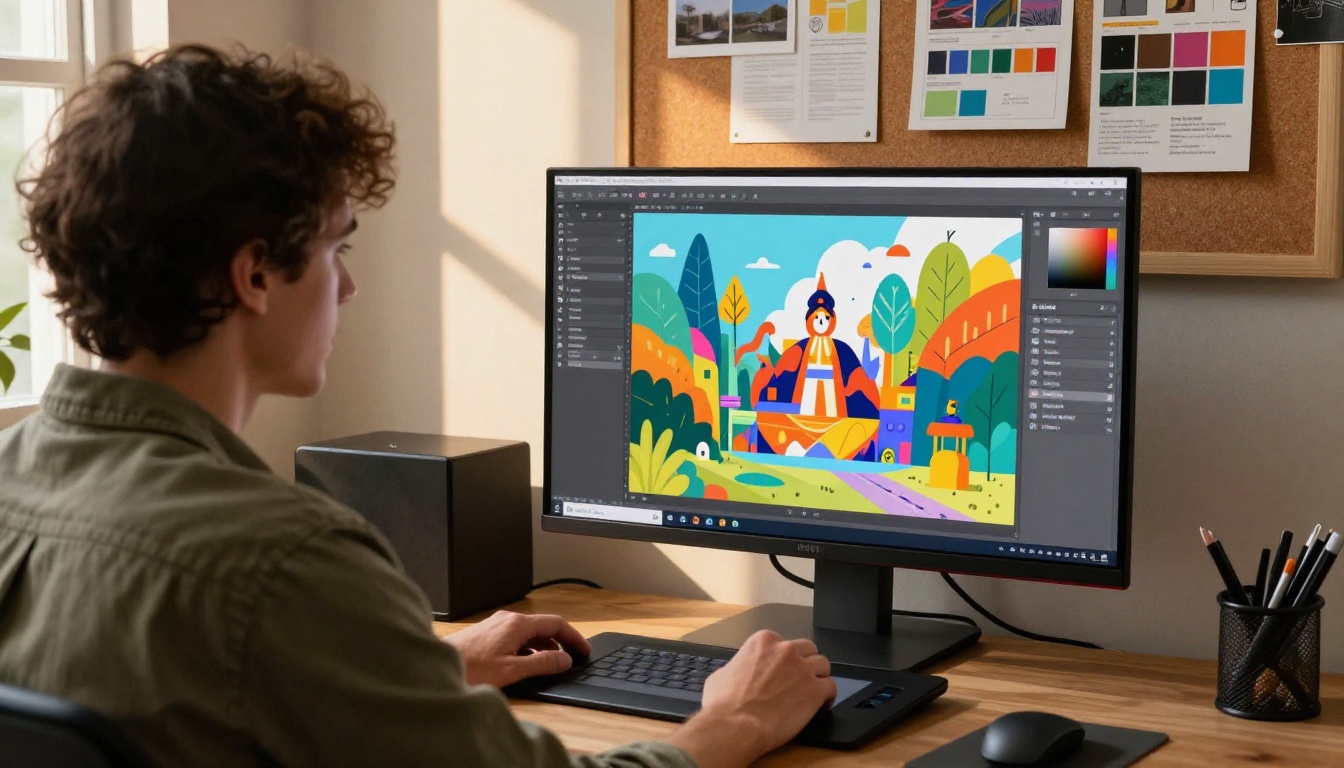 Developer working with AI image generation tools, hand on graphics tablet stylus, monitor showing vibrant generated artwork, warm afternoon light from left