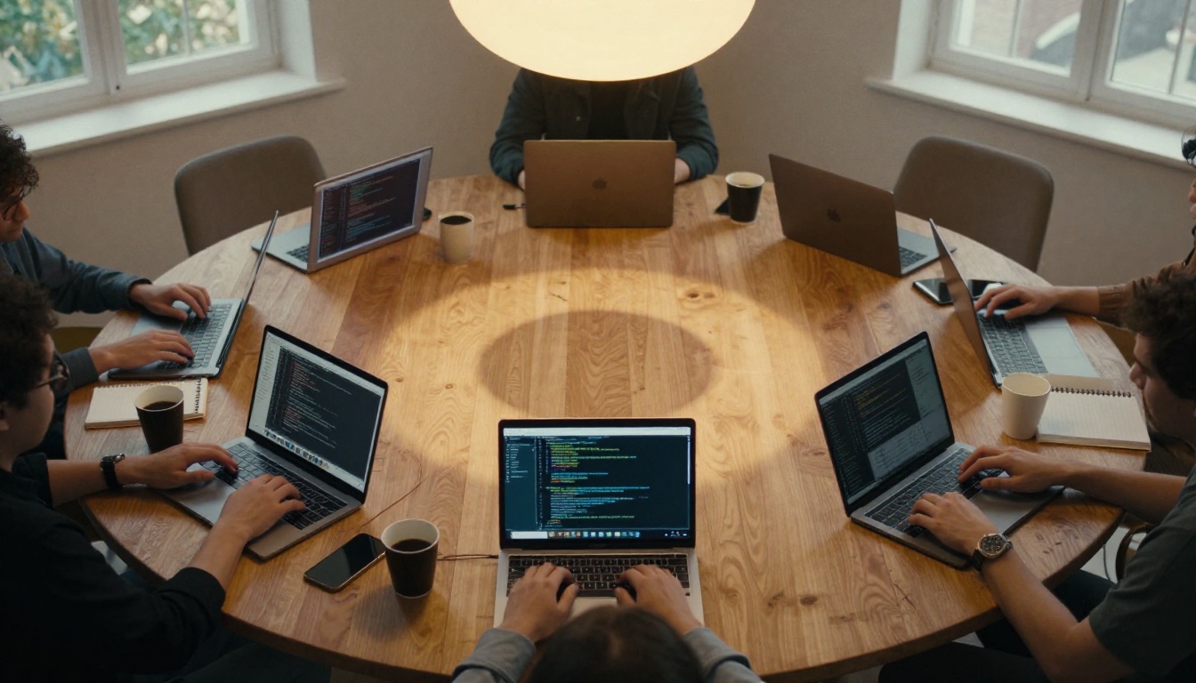Multiple people with laptops at a circular table
