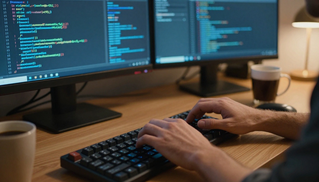 Close-up of hands typing code at a terminal