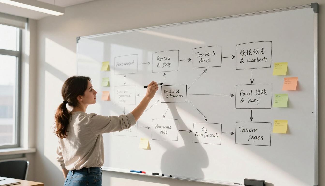 Woman at whiteboard drawing workflow diagrams