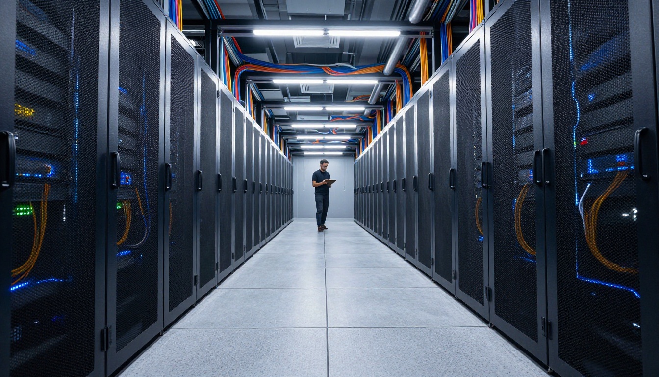 Server room corridor with organized cables