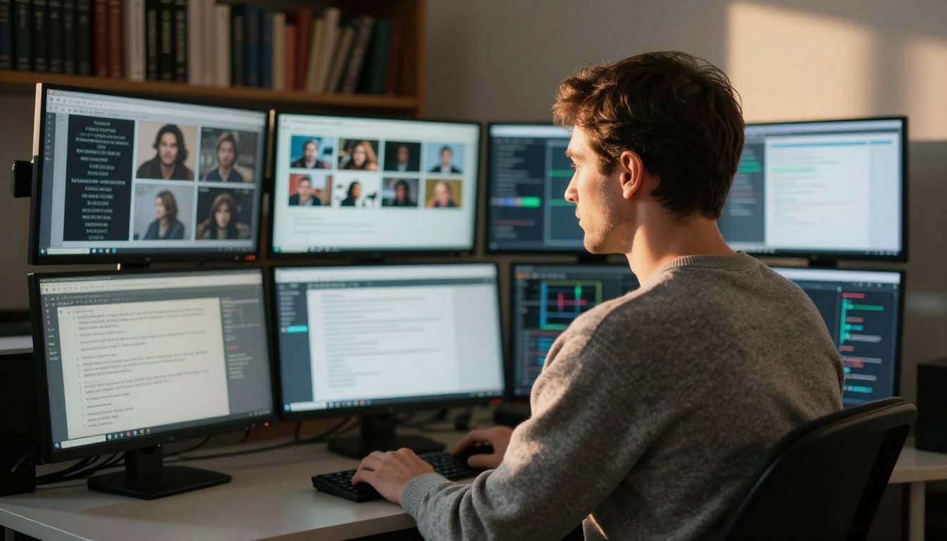 Man with four monitors showing AI outputs