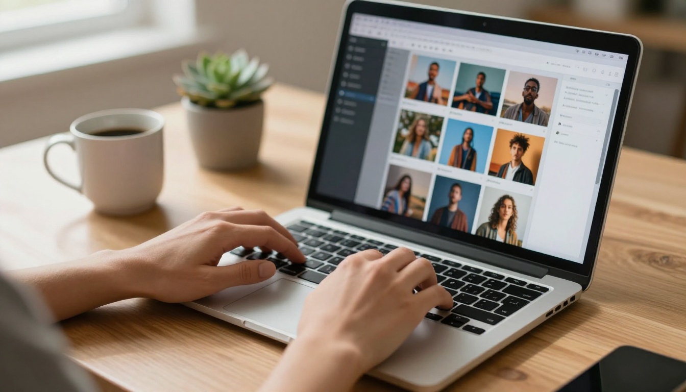Hands on laptop keyboard with AI image generation interface visible on screen
