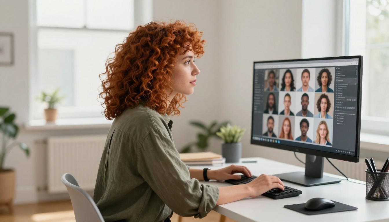 Young woman with curly hair working at a home office desk reviewing AI-generated portrait images