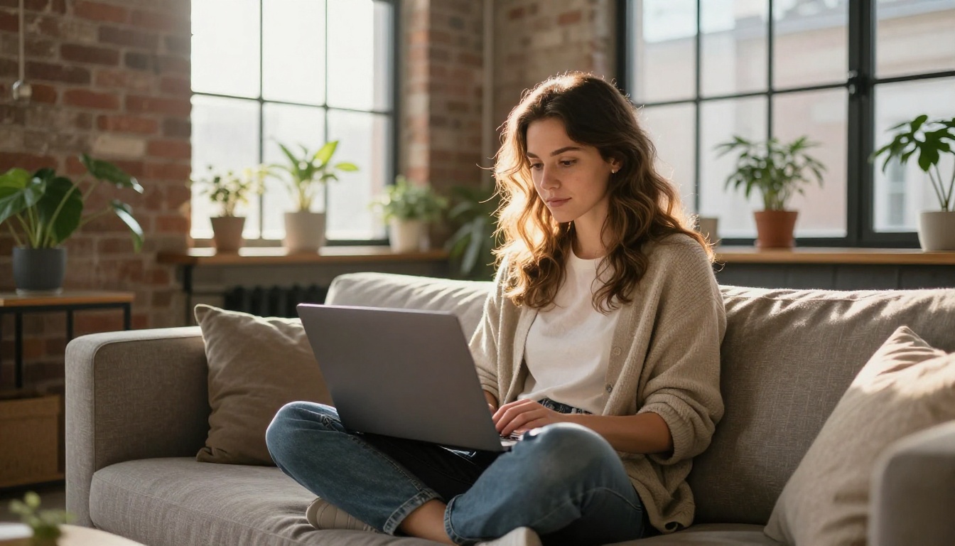 Woman on sofa working with laptop in morning light
