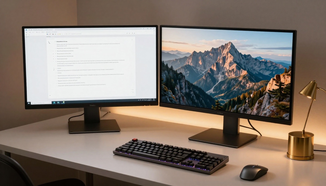 Dual monitor desk setup comparing AI prompt interface with generated landscape output