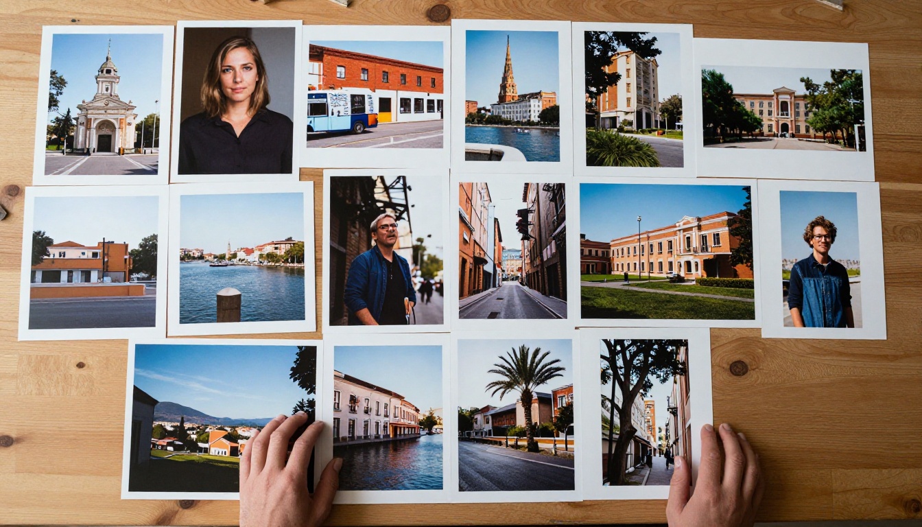 Overhead aerial view of large-format photo prints arranged on a raw wood table