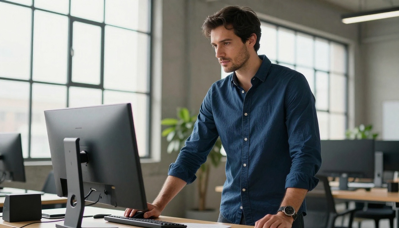 Male professional standing at desk reviewing AI model output on large monitor