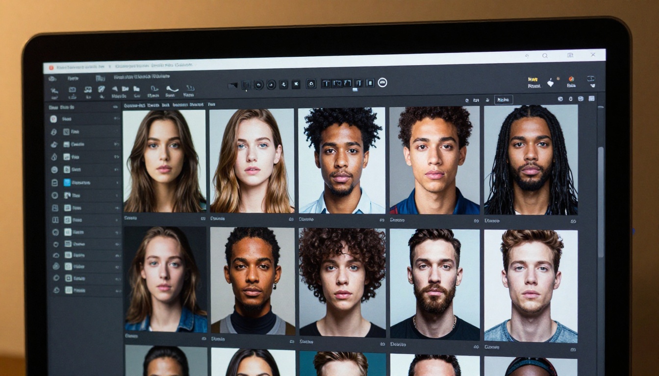 Close-up of monitor displaying a grid of AI-generated portrait images in a professional editing interface