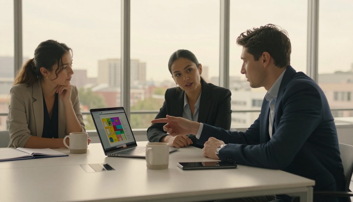 Three professionals collaborating around a conference table looking at AI creative work on a laptop