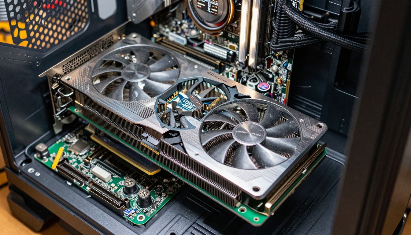 Close-up of a high-end GPU card installed in a PC workstation showing AI processing hardware