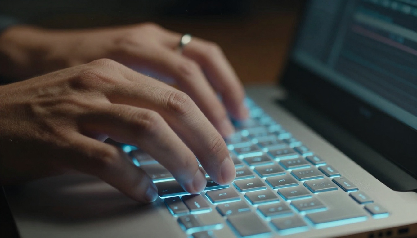 Editor's hands hovering over a backlit keyboard illuminated by the cool glow of an editing monitor Editor's hands hovering over a backlit keyboard illuminated by the cool glow of an editing monitor
