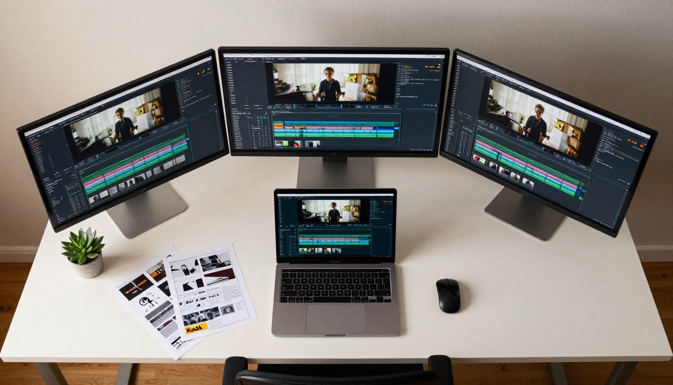 Aerial overhead view of three large monitors arranged in an arc on a white birch editing workstation Aerial overhead view of three large monitors arranged in an arc on a white birch editing workstation