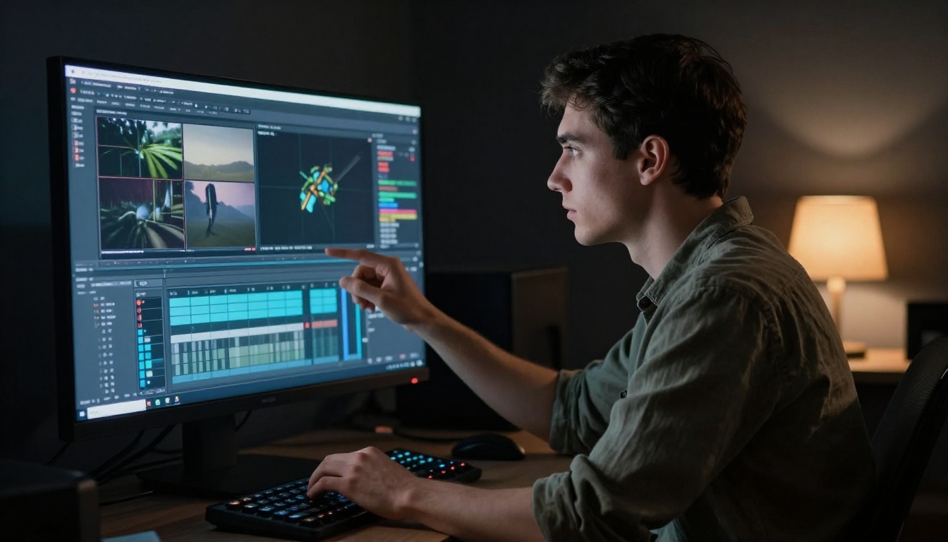 Side profile of a focused editor with color-graded monitor light cutting across his jaw in a dark grading suite Side profile of a focused editor with color-graded monitor light cutting across his jaw in a dark grading suite