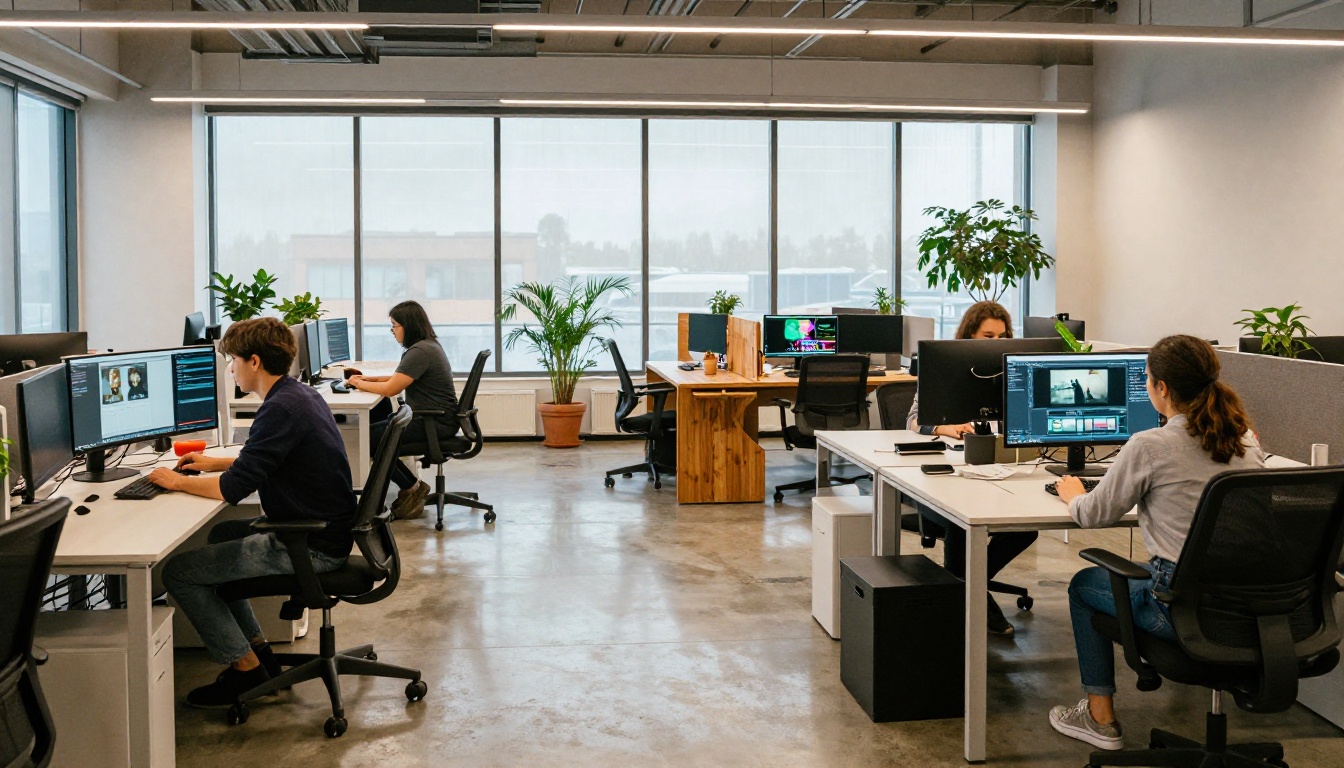 Modern open-plan creative office with multiple editing workstations and floor-to-ceiling windows admitting soft daylight Modern open-plan creative office with multiple editing workstations and floor-to-ceiling windows admitting soft daylight