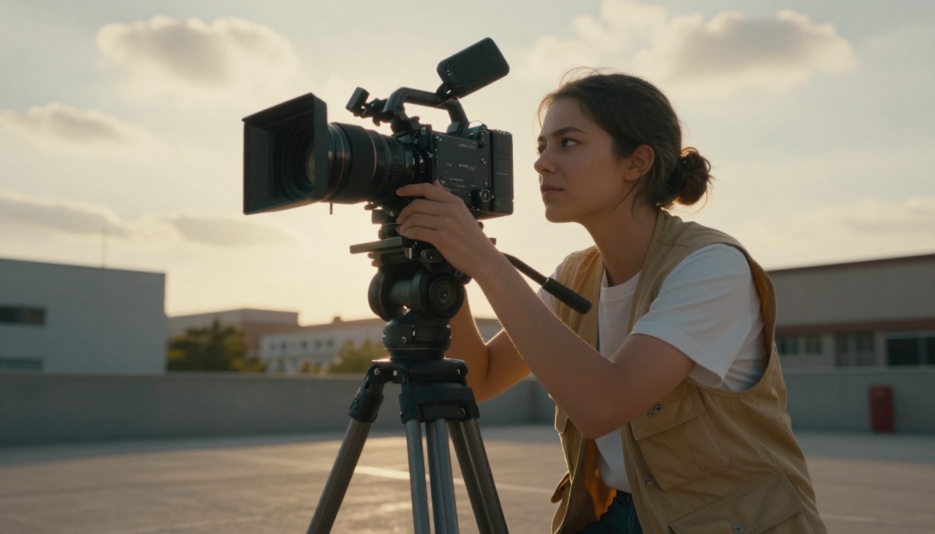 Young female filmmaker in a utility vest checking the viewfinder on a cinema camera, golden afternoon sun backlighting her silhouette