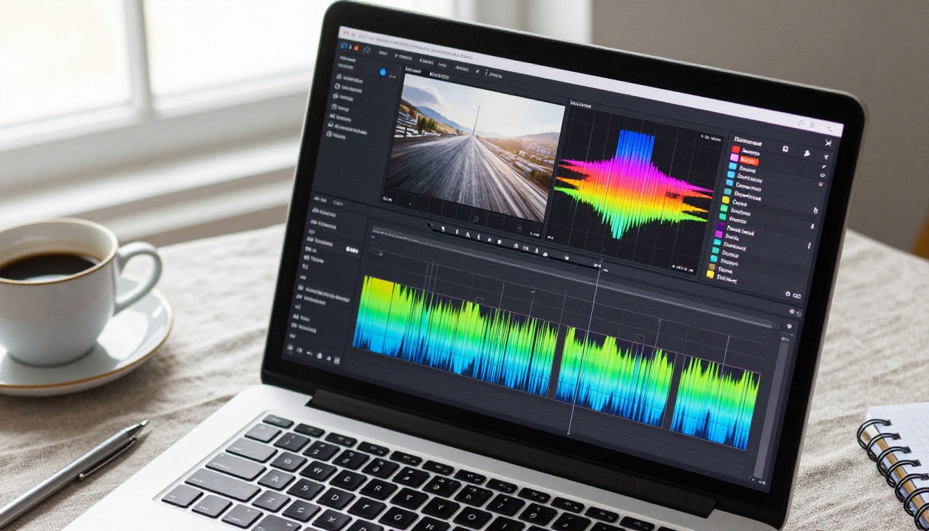 Close-up of a laptop screen showing a video editing timeline with color-coded tracks and audio waveforms Close-up of a laptop screen showing a video editing timeline with color-coded tracks and audio waveforms
