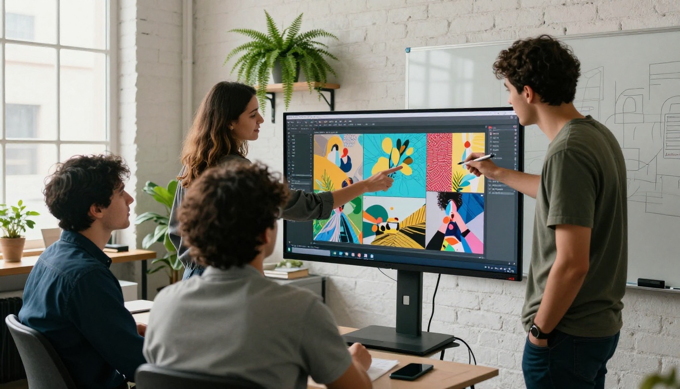 Three young creative professionals collaborating enthusiastically around a large monitor in a bright modern office with natural light