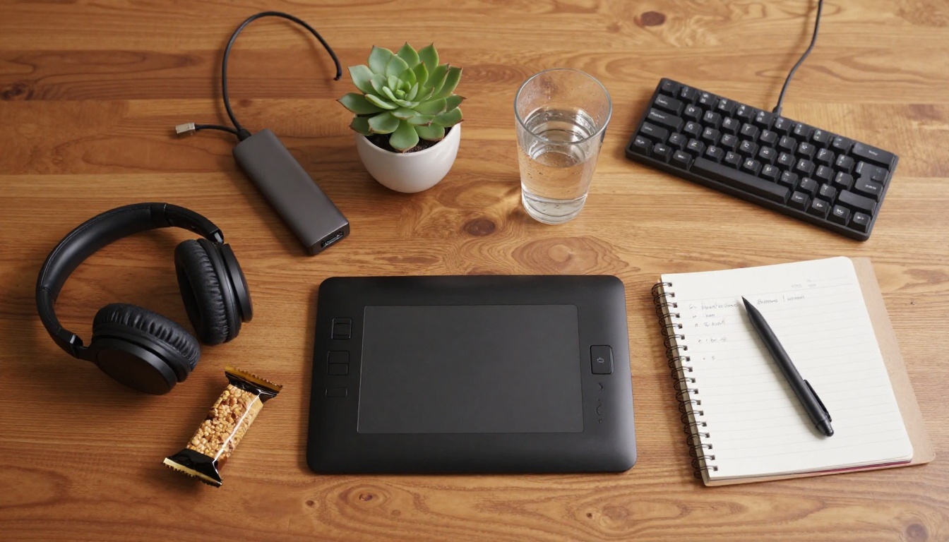 Overhead flat lay of professional editing equipment on a warm walnut desk including headphones, drawing tablet, and keyboard