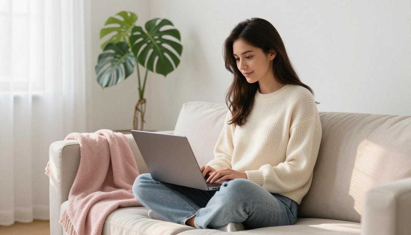 Young woman editing content on a laptop balanced on her knees on a minimalist sofa in a bright home studio