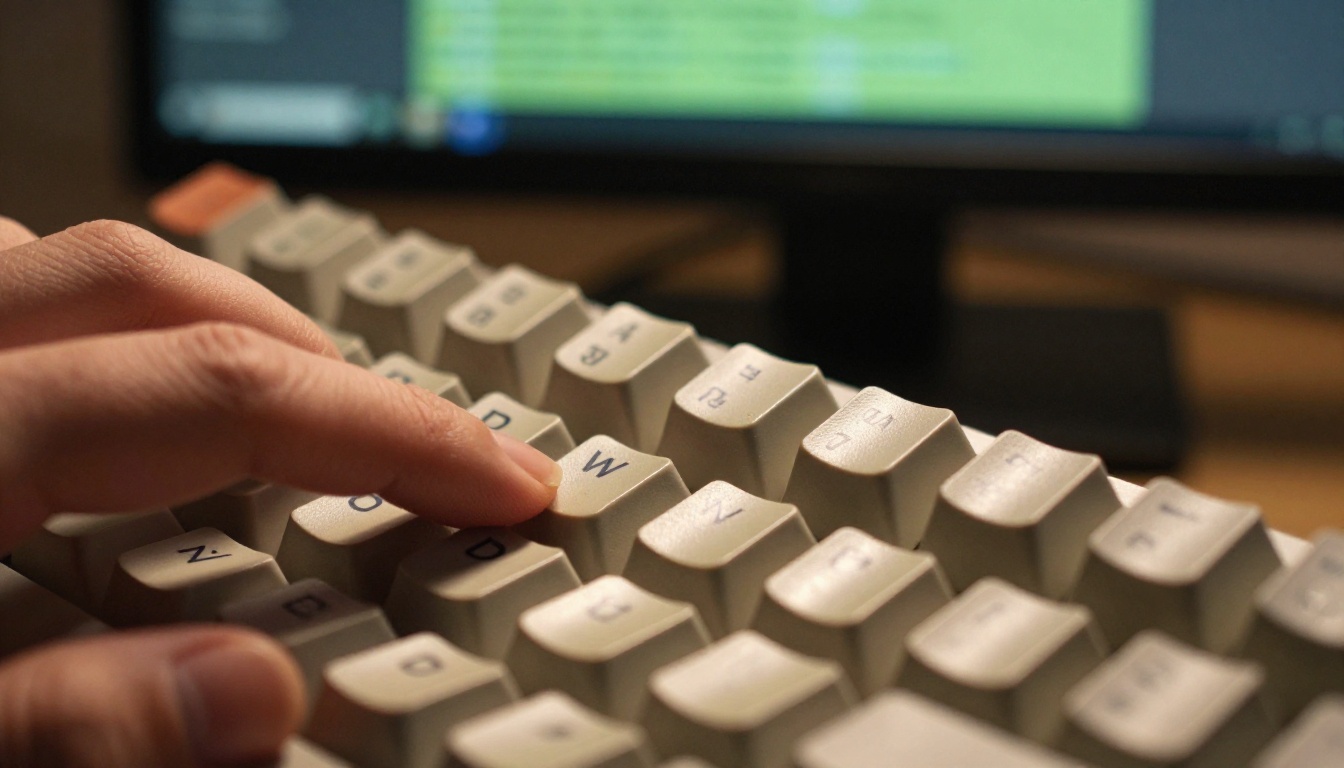 Close-up of developer fingers hovering above a mechanical keyboard with code screen bokeh Close-up of developer fingers hovering above a mechanical keyboard with code screen bokeh