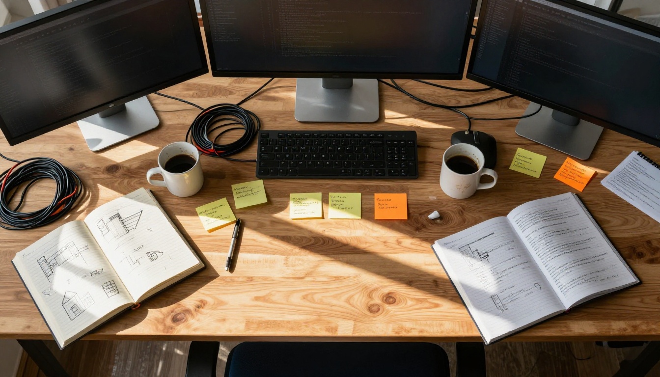 Aerial bird's eye view of developer's organized desk with three monitors, notebooks, and sticky notes in morning light Aerial bird's eye view of developer's organized desk with three monitors, notebooks, and sticky notes in morning light