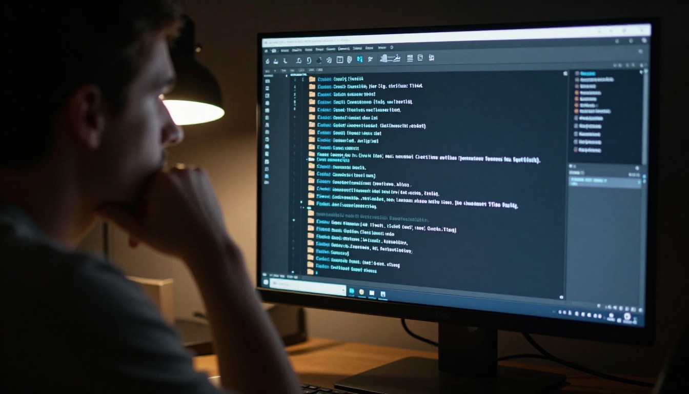 Low-angle view of monitor displaying complex hierarchical file tree with developer's face partially visible in screen glow Low-angle view of monitor displaying complex hierarchical file tree with developer's face partially visible in screen glow