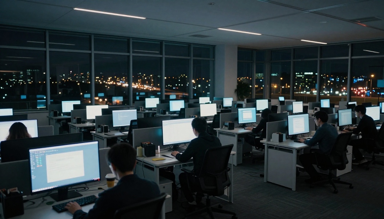 Wide shot of late-night empty office with single developer silhouetted against monitor glow, city lights through windows Wide shot of late-night empty office with single developer silhouetted against monitor glow, city lights through windows