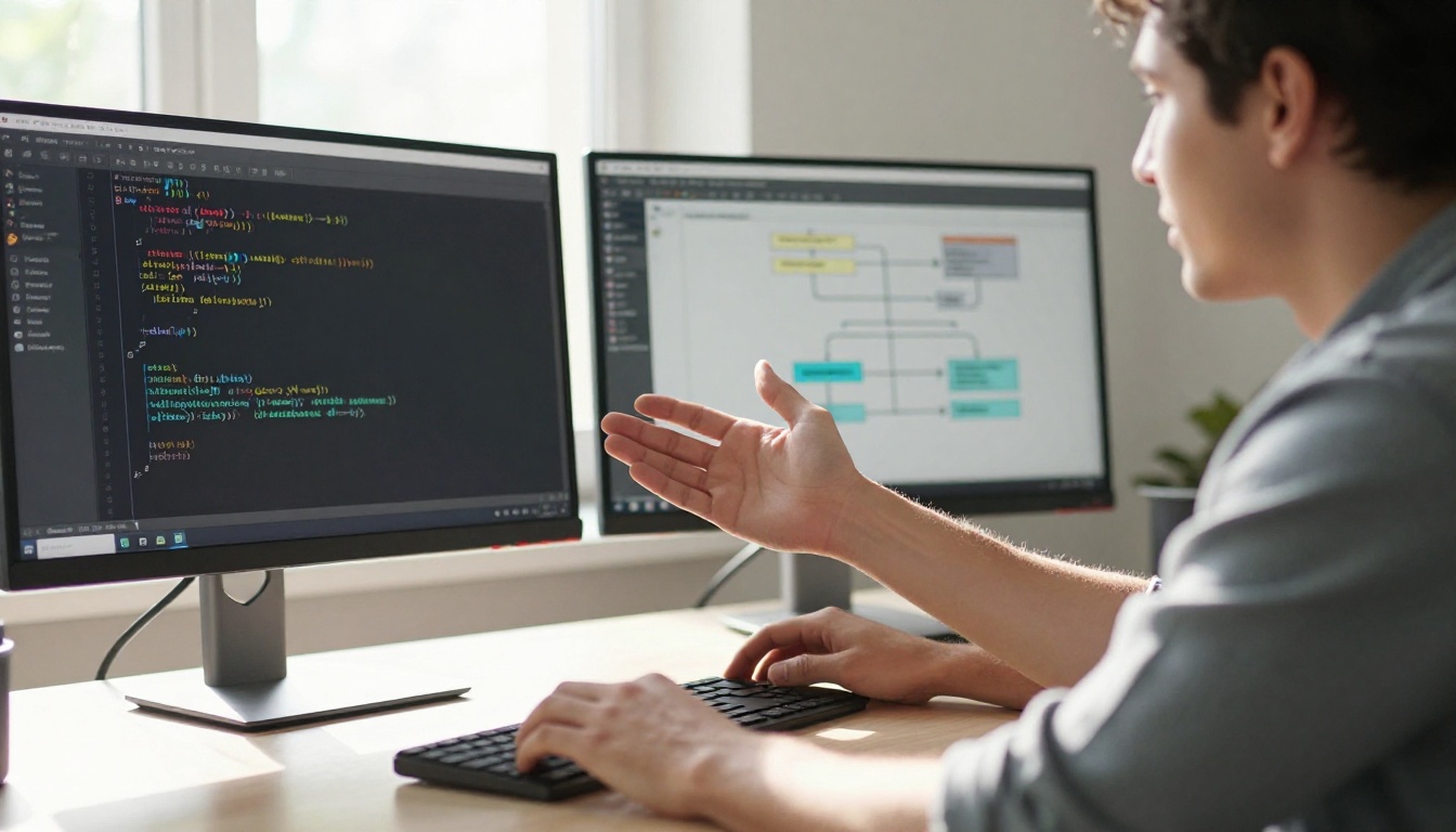 Developer gesturing toward two side-by-side monitors showing a code file and dependency flowchart diagram in warm afternoon light