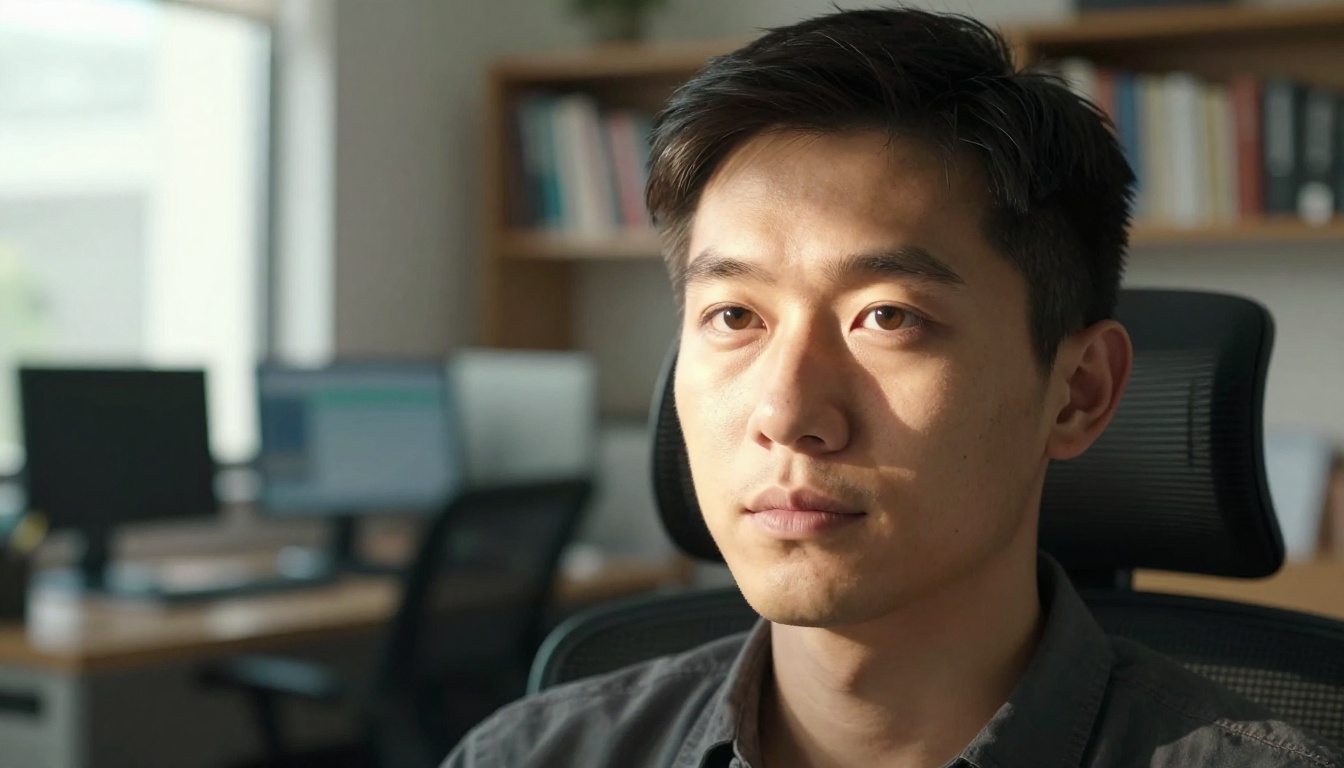 Close-up portrait of developer with classic Rembrandt window lighting, calm focused expression, soft office bokeh background