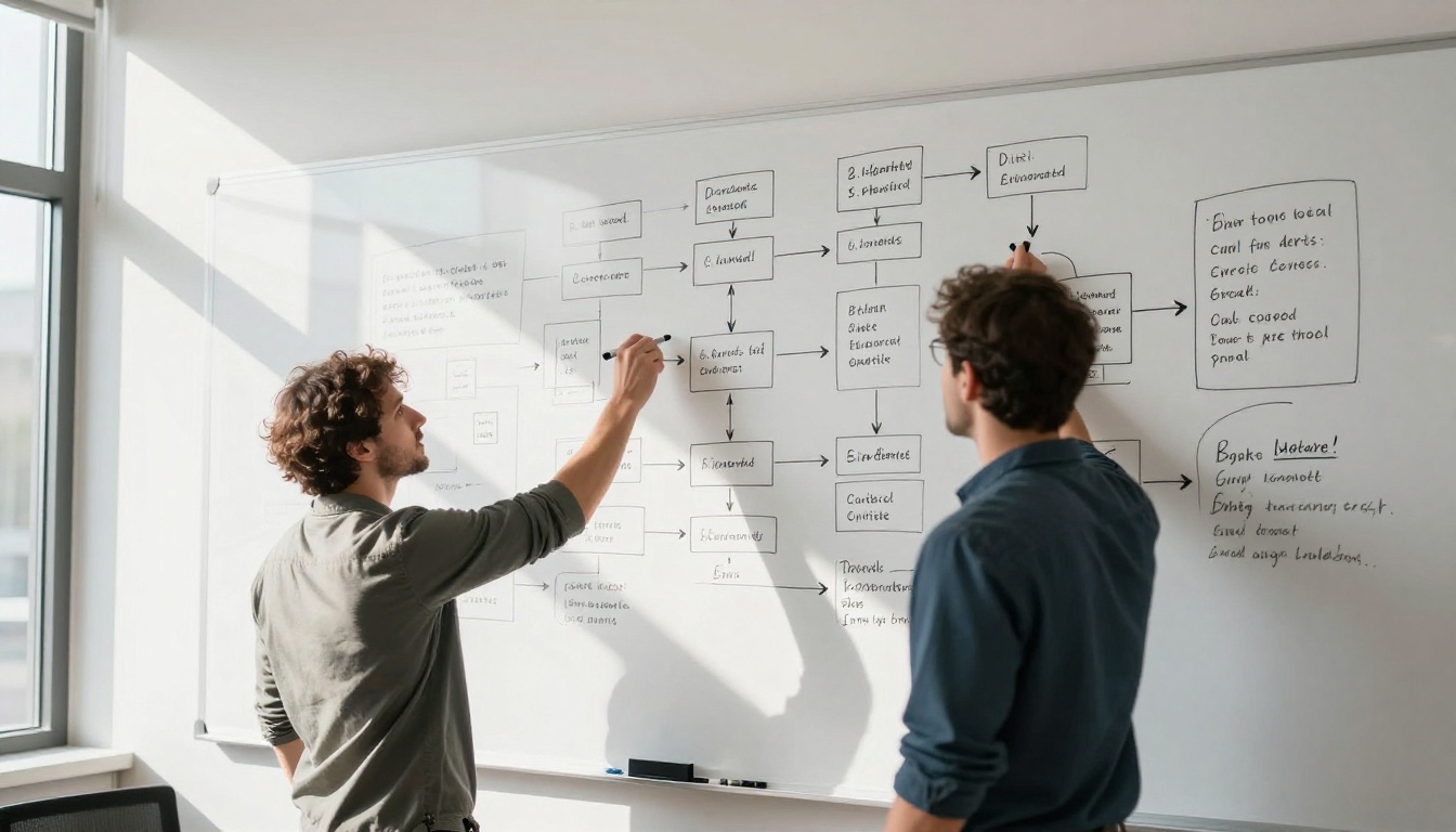 Low-angle view of whiteboard filled with hand-drawn architecture diagrams, developer mid-gesture with marker in afternoon sunlight