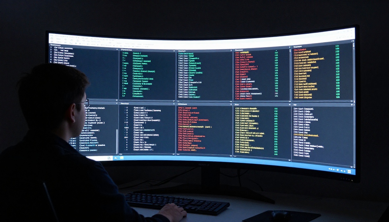 Wide over-the-shoulder shot of developer at curved ultrawide monitor showing multiple tiled terminal windows in dark room with screen glow rim light