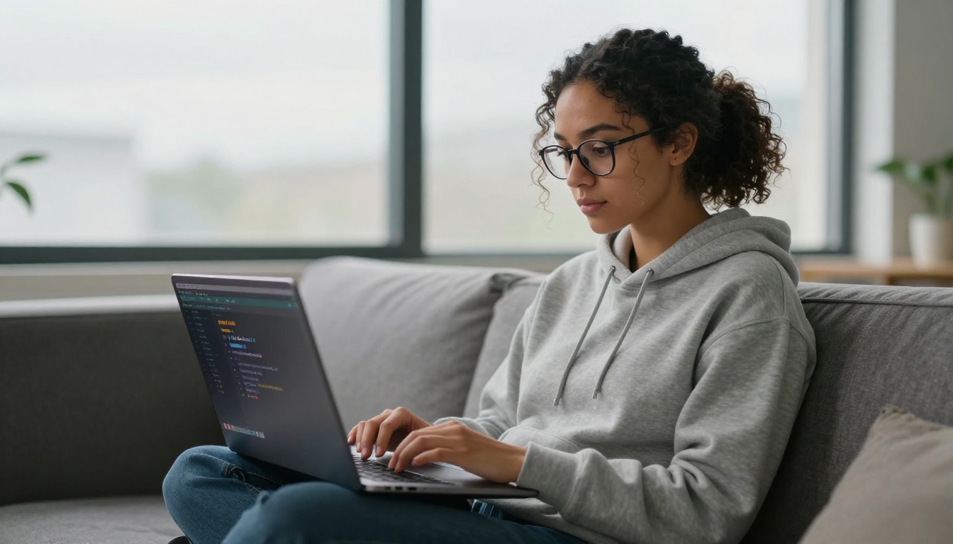 Woman developer installing Claude Code on laptop in living room